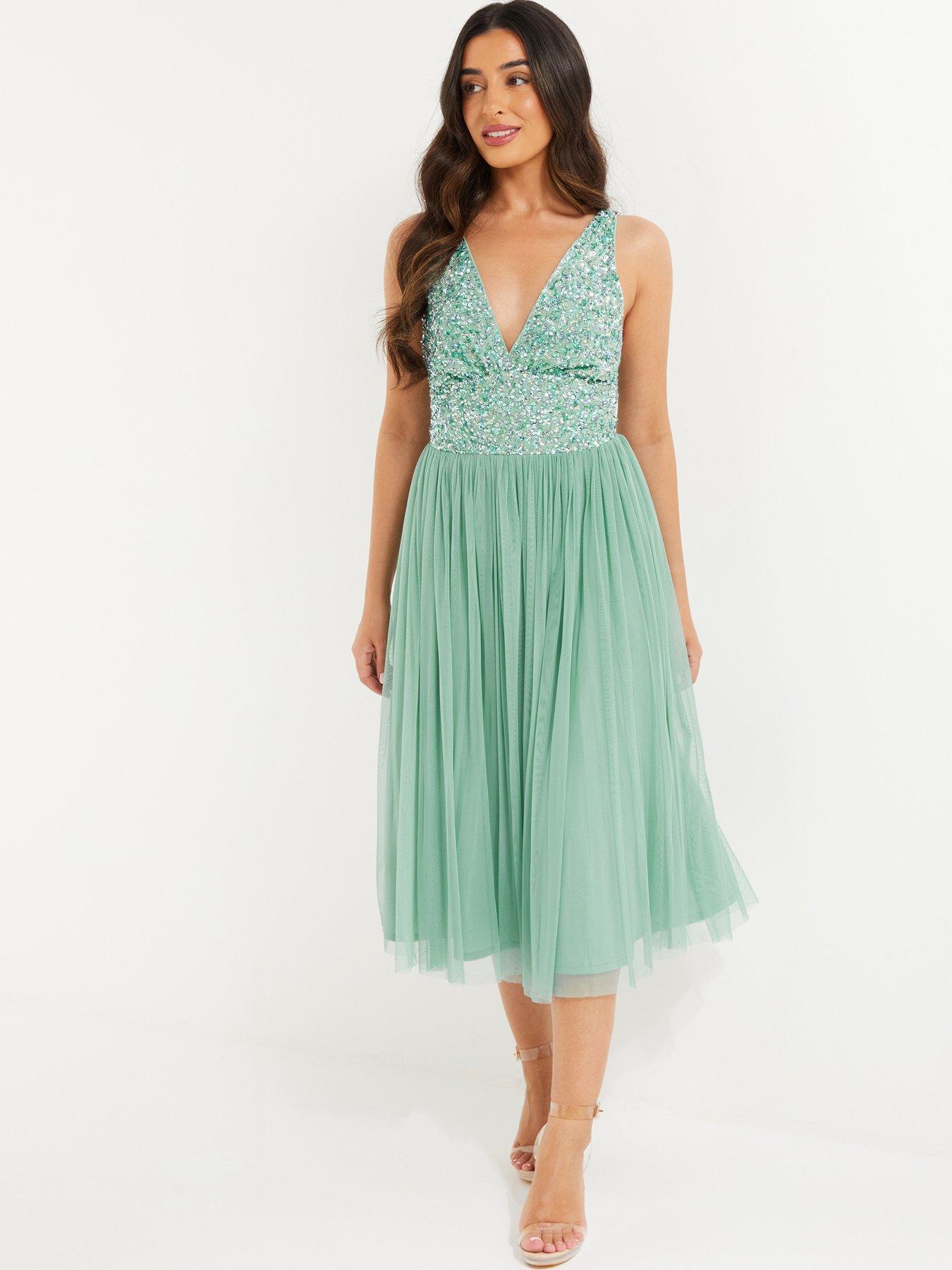 Quiz Petite Sequin Tulle Midi Dress - Aqua | Very