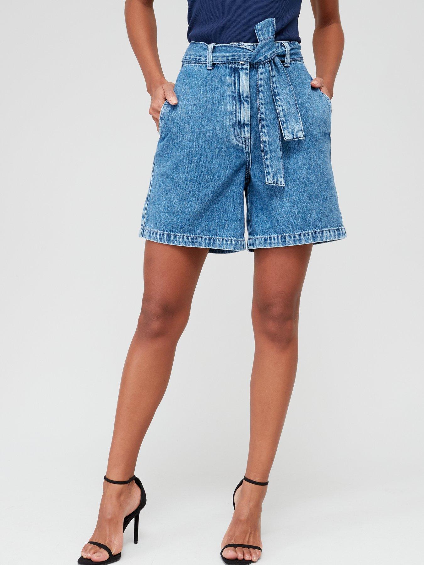 High waisted hot sale belted denim shorts