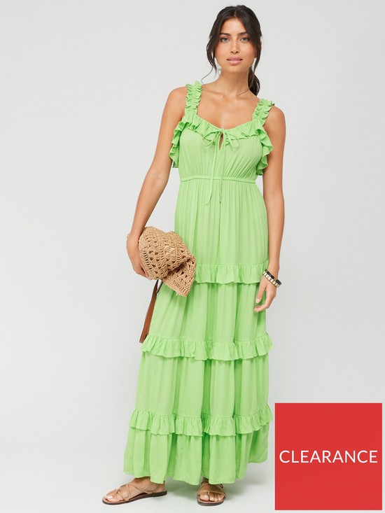front image of v-by-very-frill-tiered-beach-maxi-dress-green