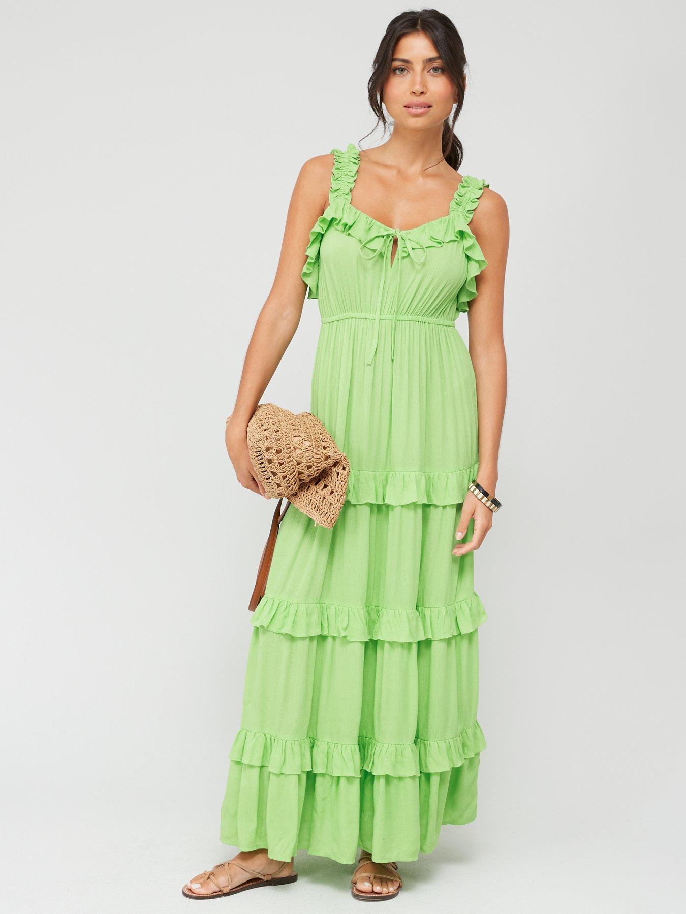 V by Very Frill Tiered Beach Maxi Dress - Green | very.co.uk