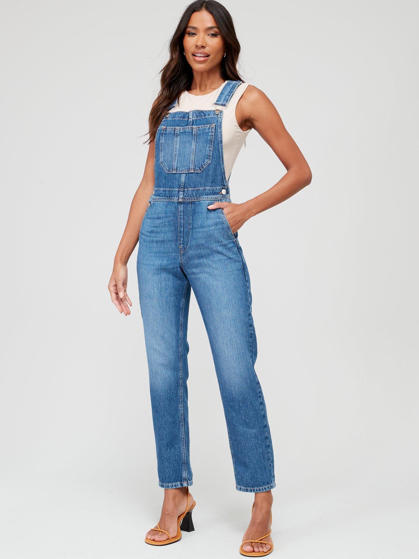 Washed Wide Leg Denim Dungarees