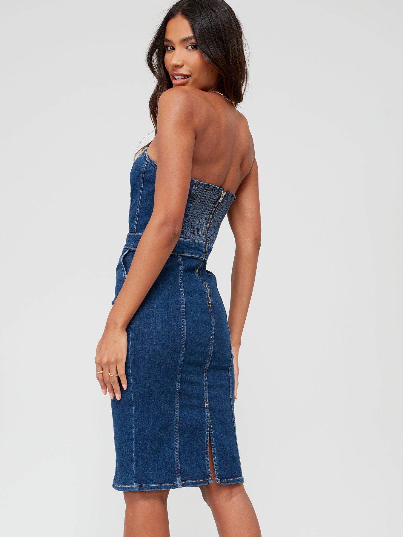 V by Very Bandeau Corset Denim Dress Dark Wash very.co.uk