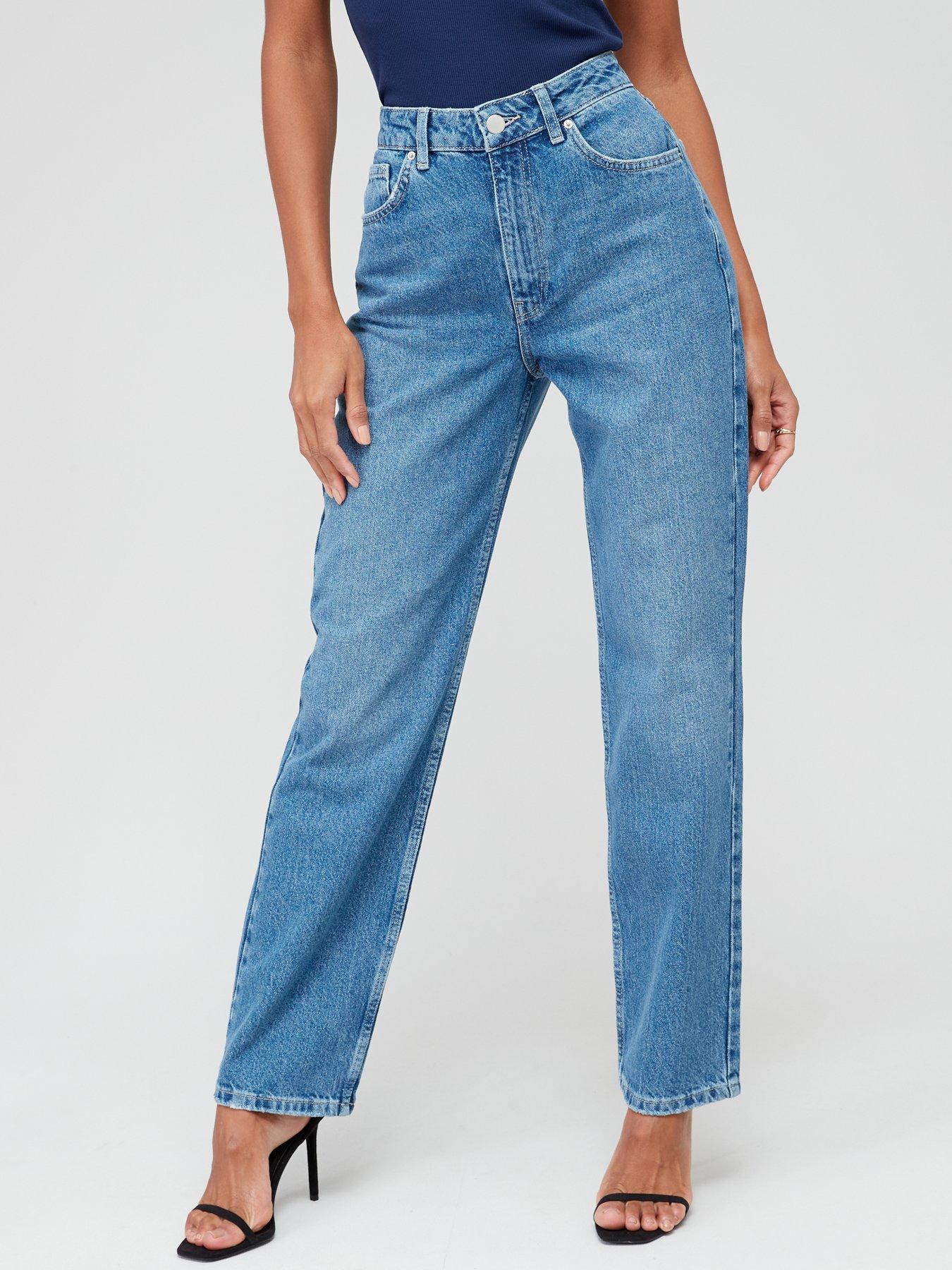 Blue high waisted relaxed straight leg jeans