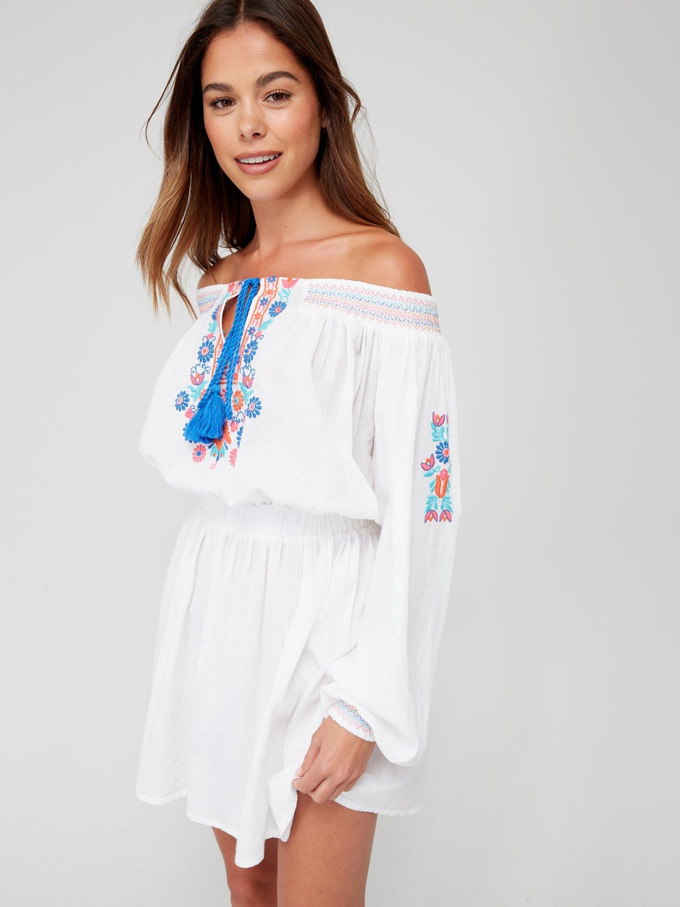 v-by-very-long-sleeve-bardot-mini-beach-dress-white