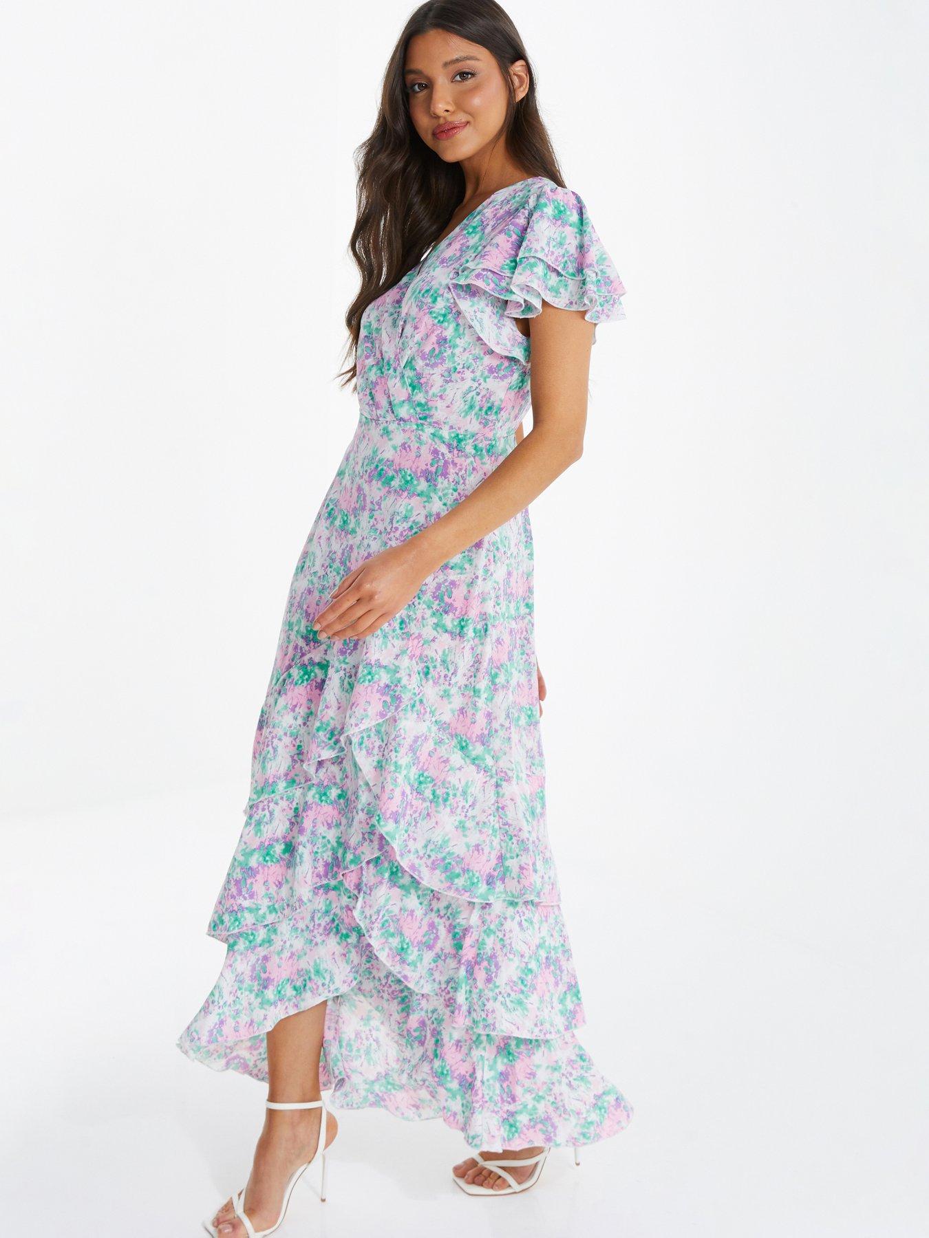 Quiz Woven Smudge Frill Maxi Dress - Multi | Very.co.uk