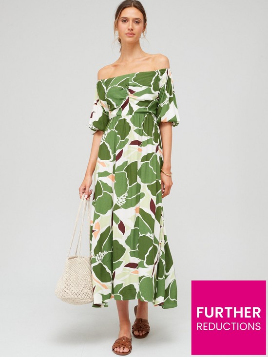 V by Very Bardot Blouson Sleeve Midi Dress - Print | very.co.uk