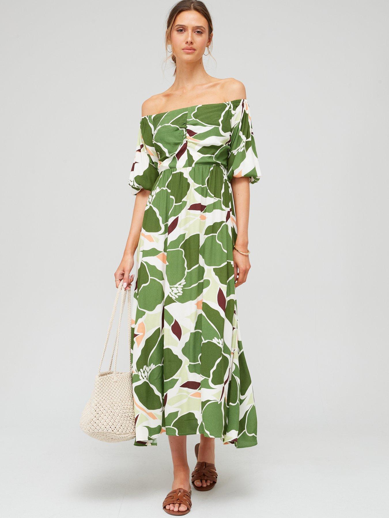 V by Very Bardot Blouson Sleeve Midi Dress - Print | very.co.uk