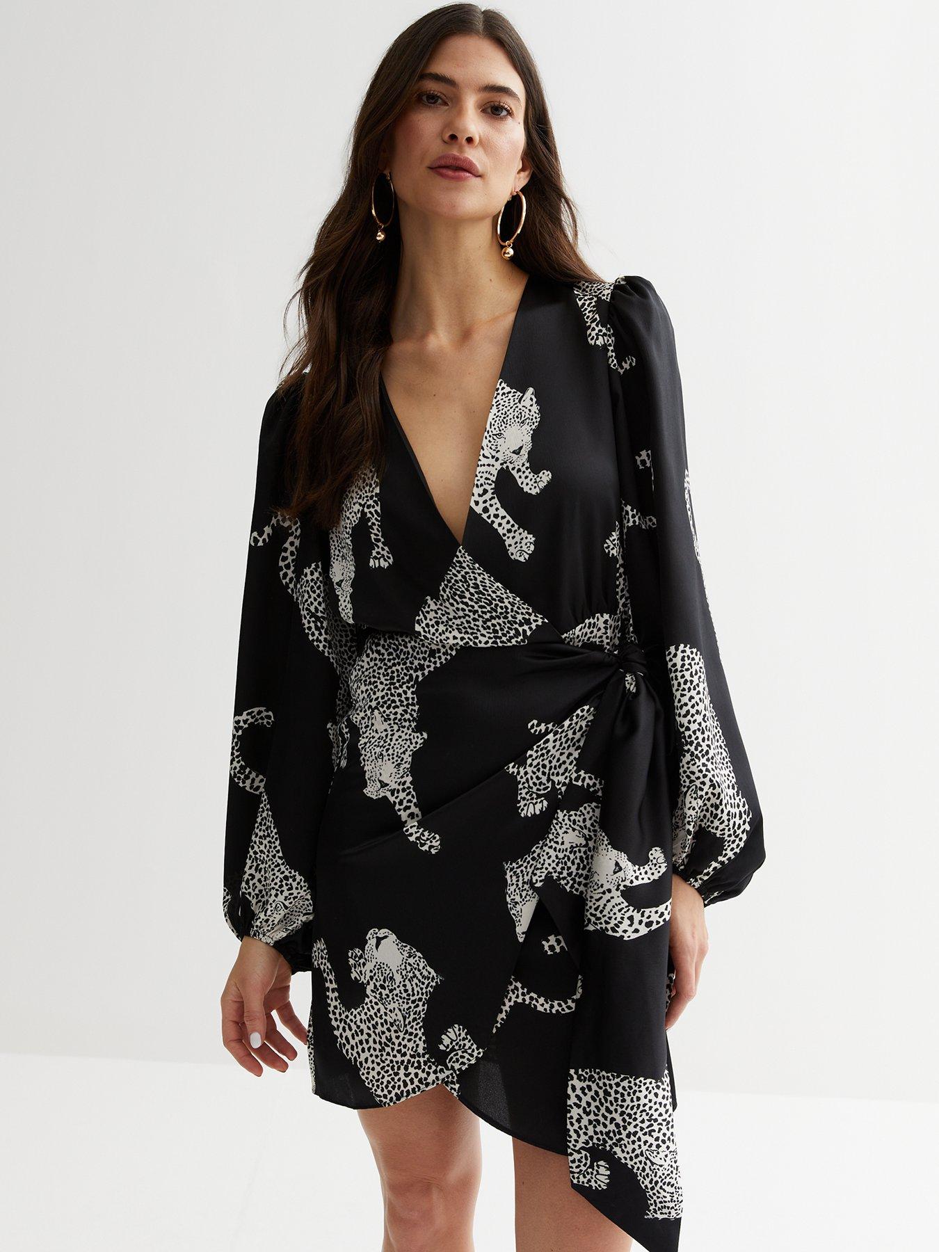 Black Leopard Print Satin Puff Sleeve Mini Wrap Dress