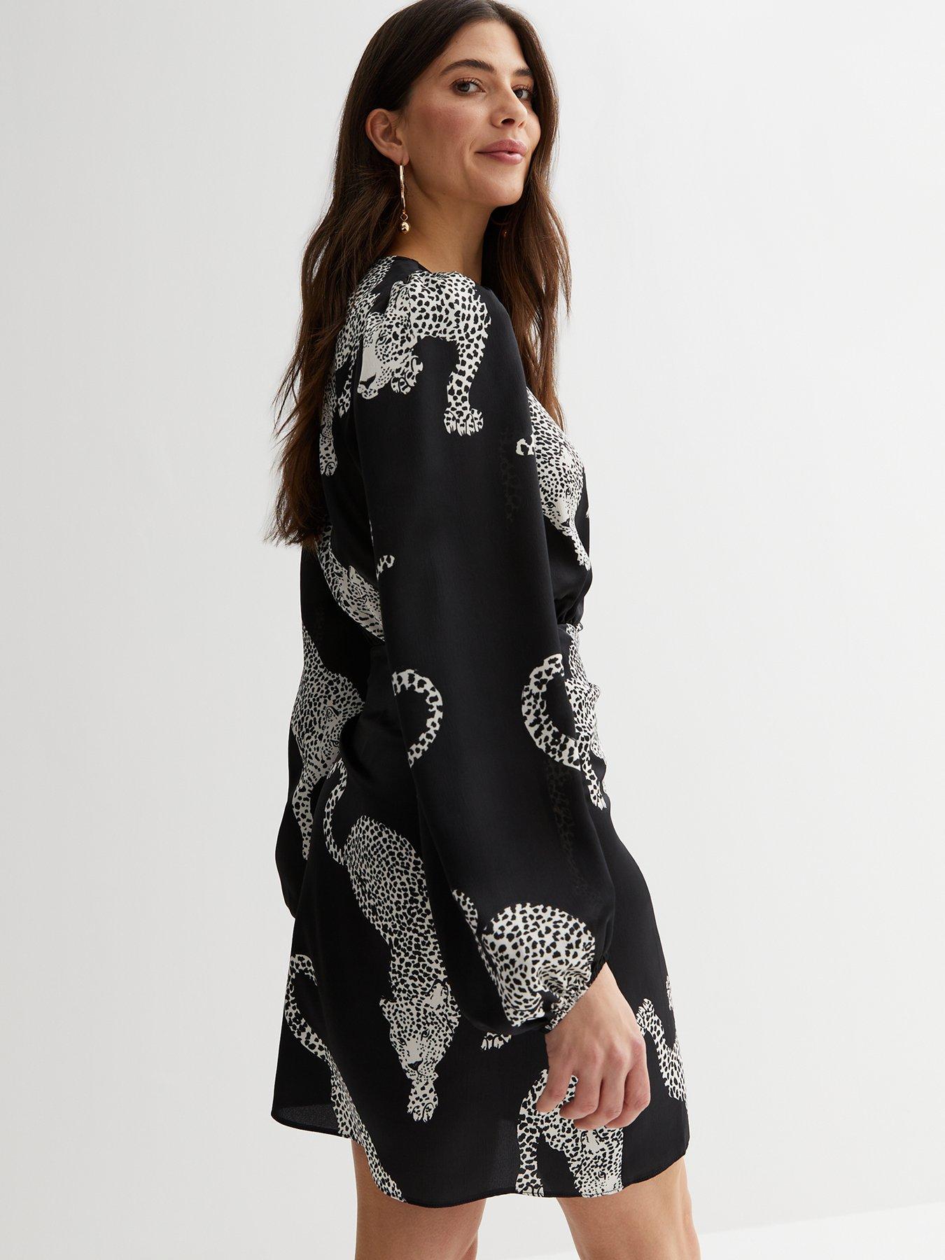 New Look Black Leopard Print Satin Puff Sleeve Mini Wrap Dress