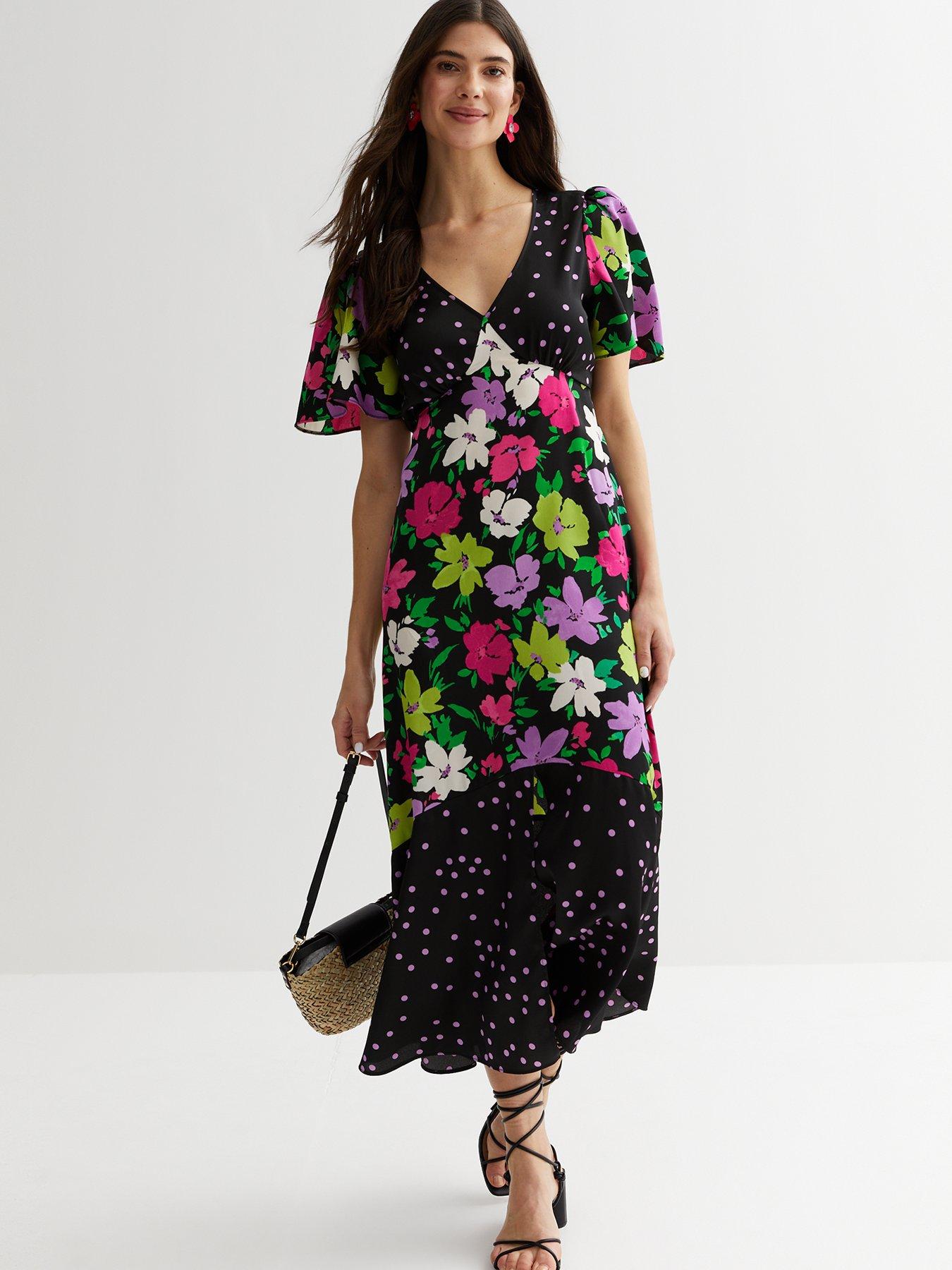 New Look Black Floral Spot Flutter Sleeve Midi Dress | Very.co.uk