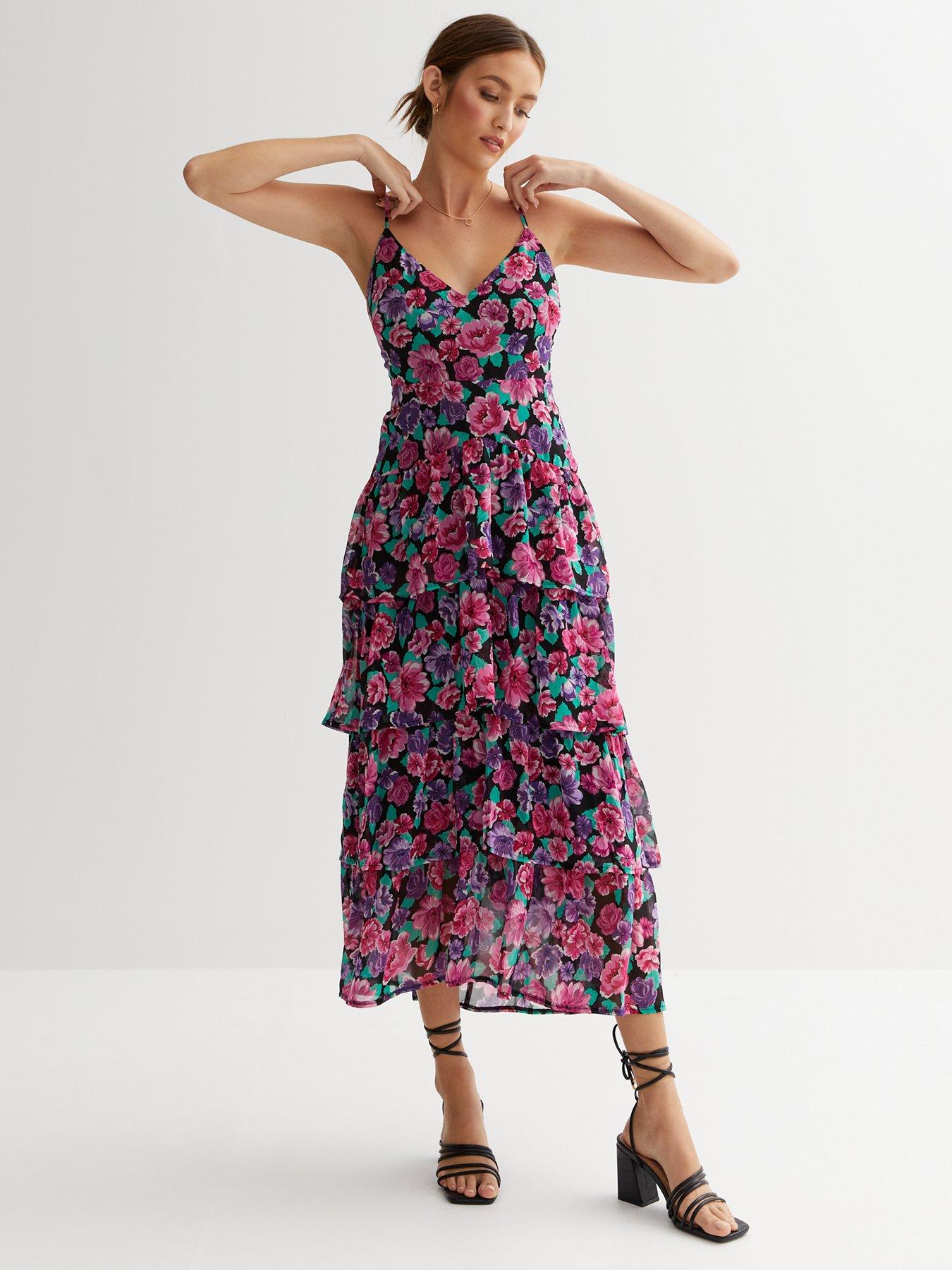 Black Floral Chiffon Strappy Tiered Midi Dress