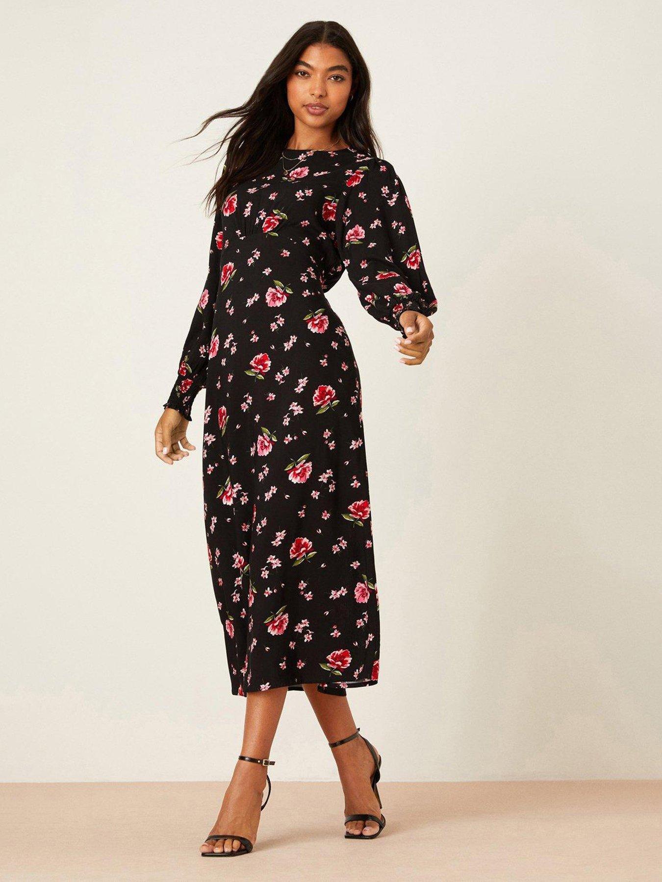 Dorothy Perkins Floral Long Sleeve Shirred Midi Dress - Black | very.co.uk