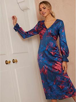 Chi Chi London Long Sleeve V Neck Floral Print Dress - Navy