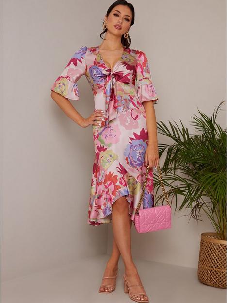 chi-chi-london-short-sleeve-tie-front-floral-midi-dress-in-pink