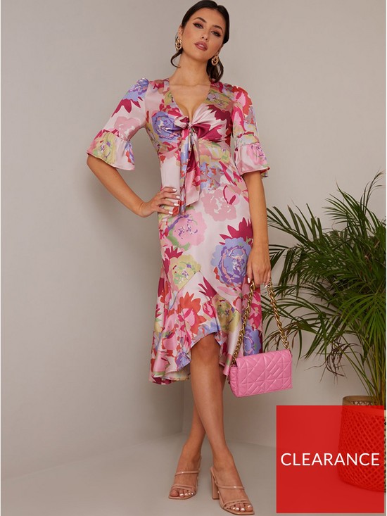 front image of chi-chi-london-short-sleeve-tie-front-floral-midi-dress-in-pink
