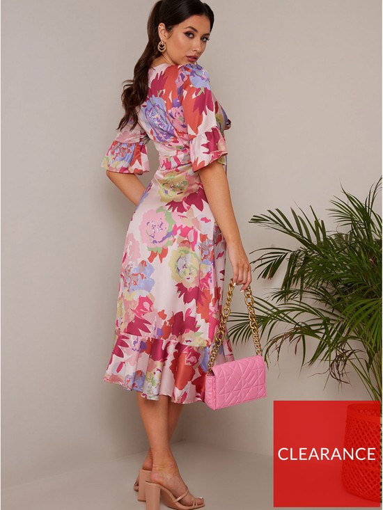 stillFront image of chi-chi-london-short-sleeve-tie-front-floral-midi-dress-in-pink
