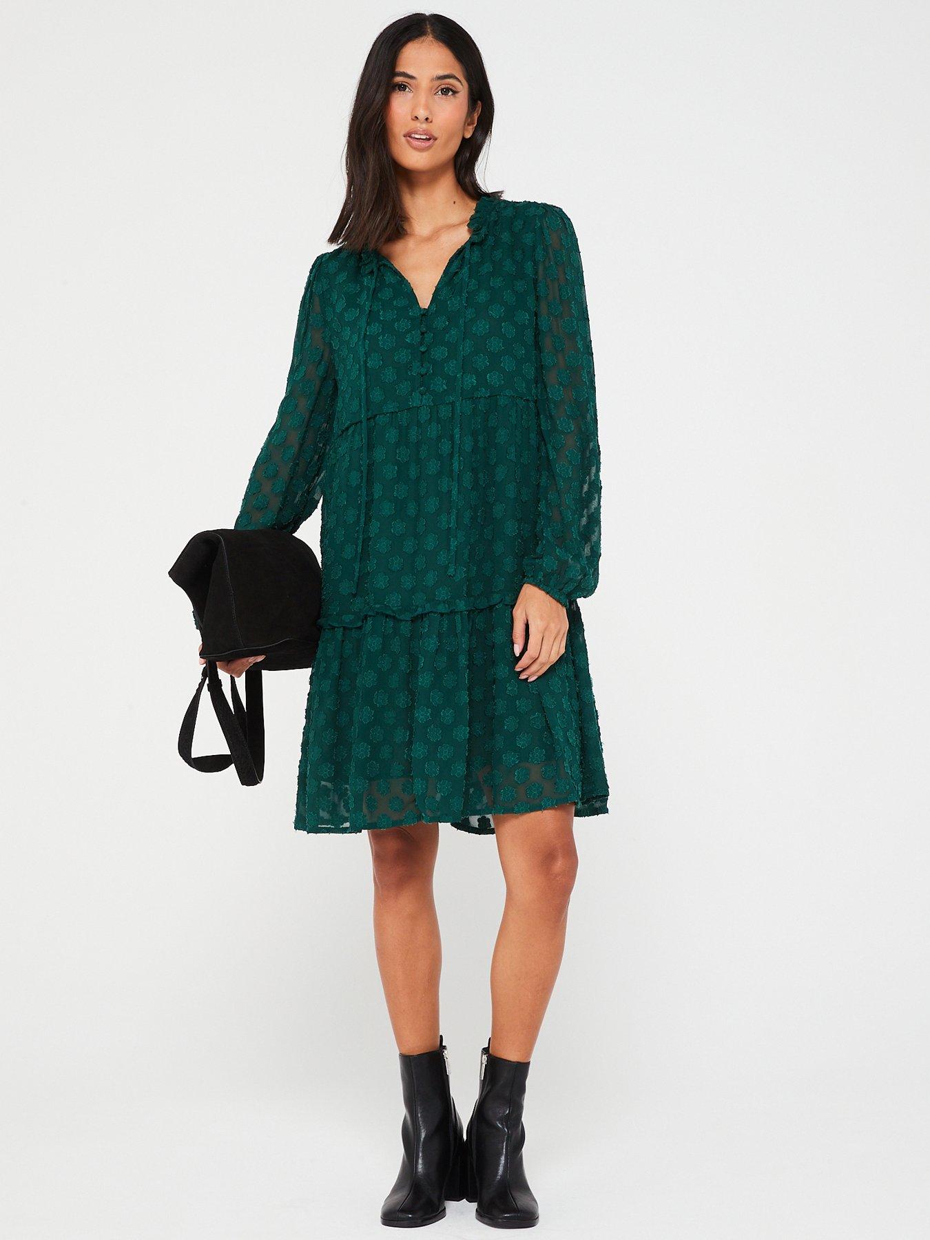 v-by-very-jacquard-tiered-mini-dress-green