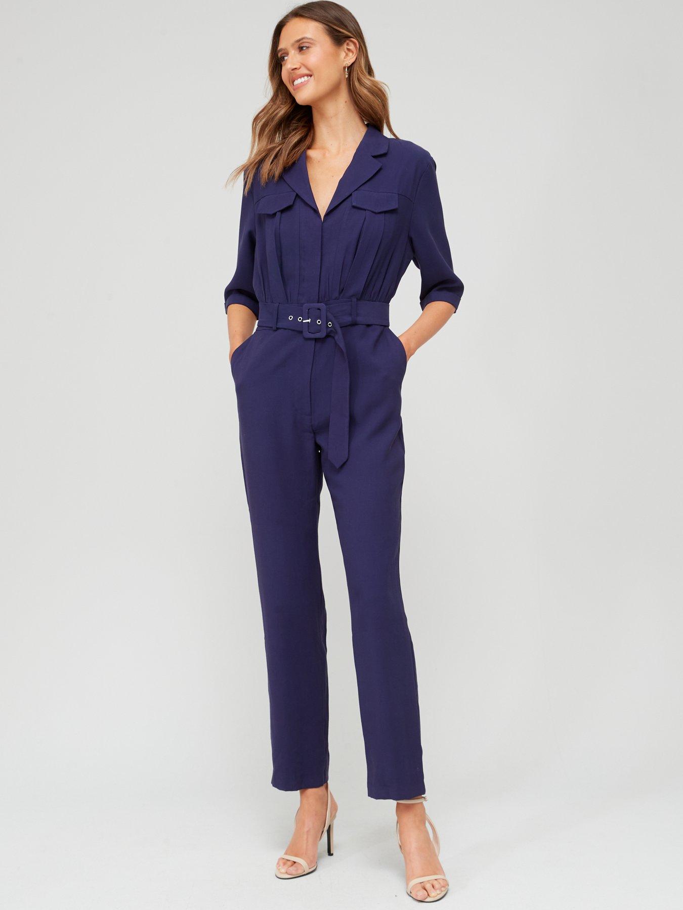 Fig & Basil Formal Utility Belted Jumpsuit Blue very.co.uk