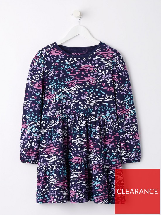 front image of everyday-girls-long-sleeve-tiered-animal-print-dress