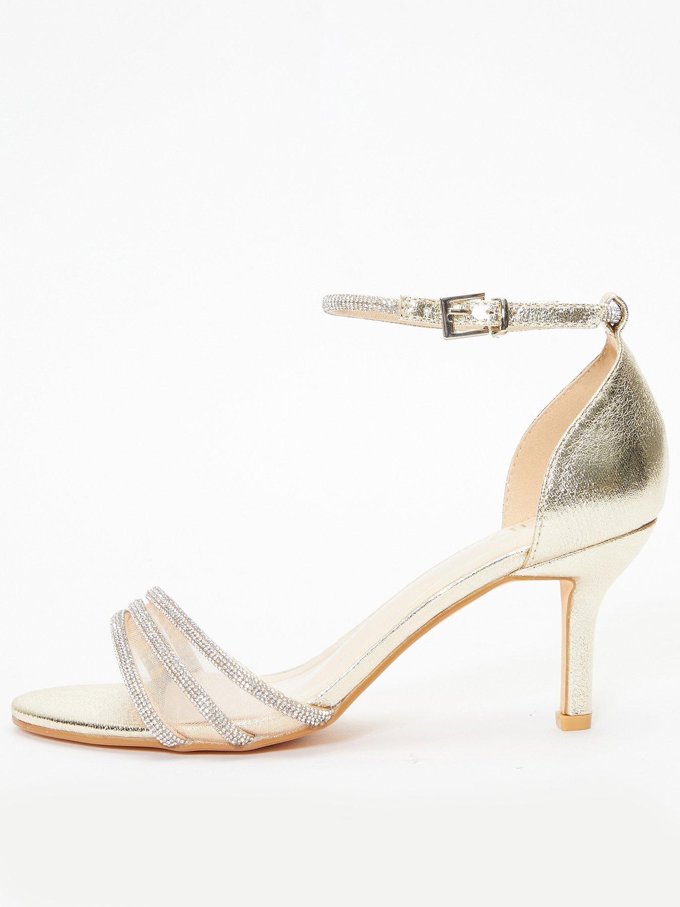 Quiz Shimmer Diamante Mesh Low Heels Gold Very