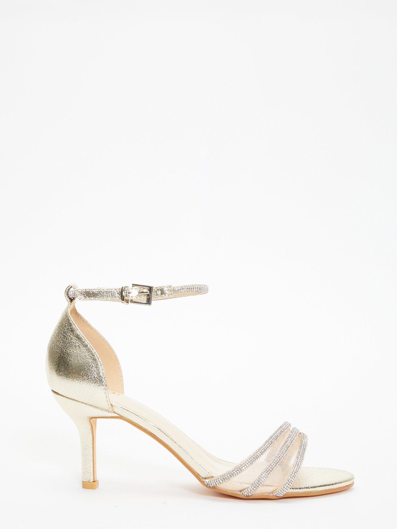 Quiz Shimmer Diamante Mesh Low Heels Gold