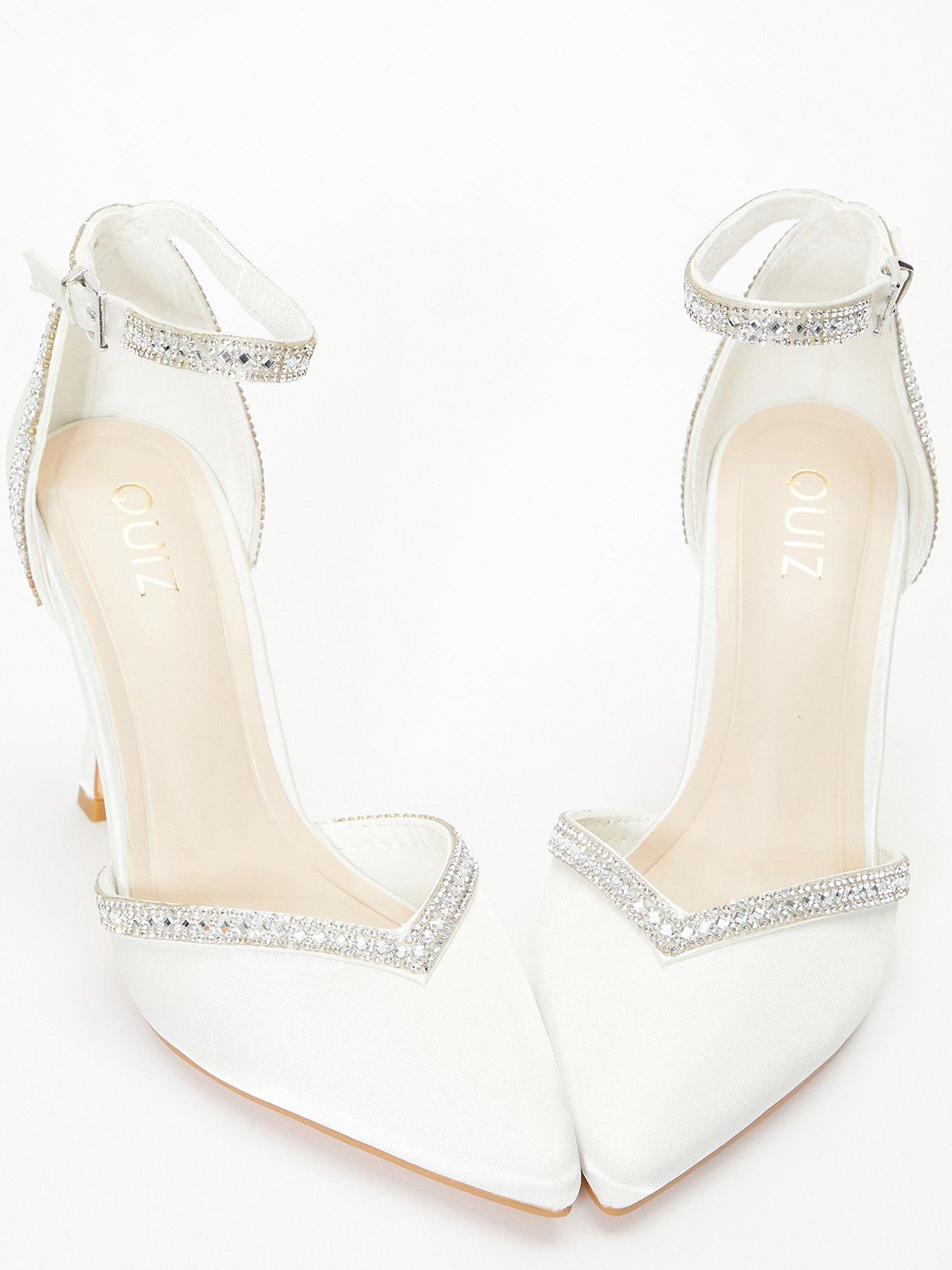 Bridal Satin Diamante Trim Court Heels White