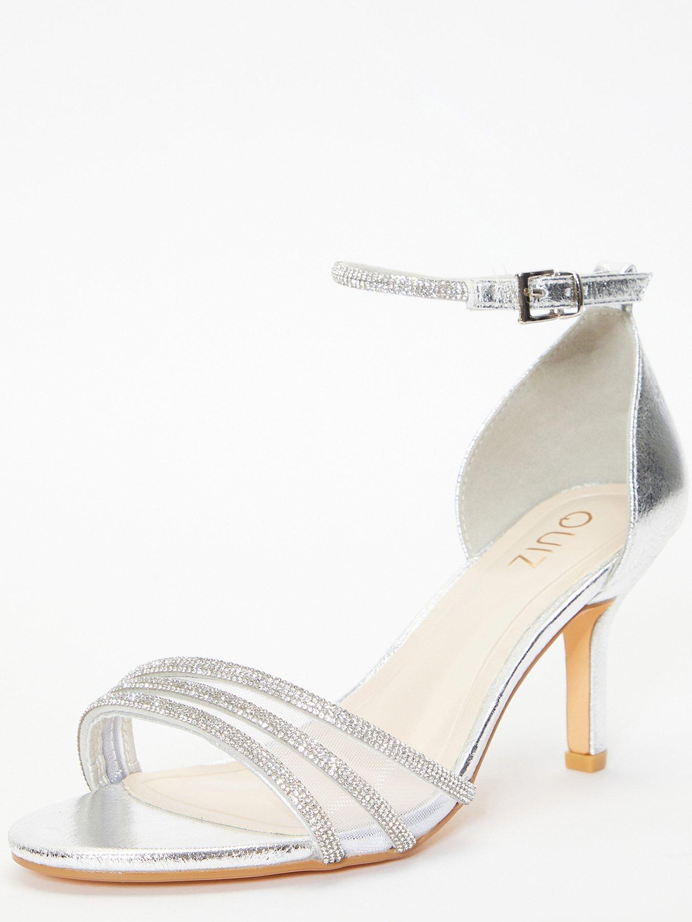 Quiz Diamante Mesh Low Heels Silver Uk 