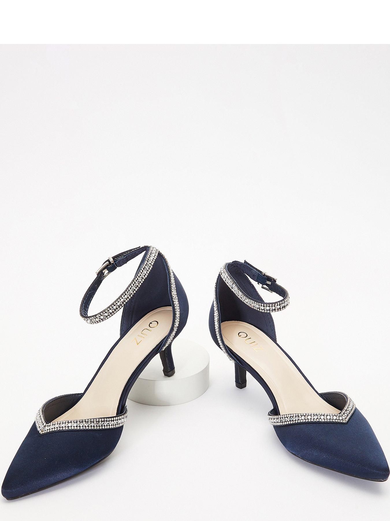 Quiz Satin Diamante Trim Low Court Heels Dark Blue Very