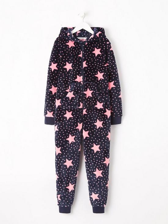 front image of everyday-girls-fleece-star-all-in-one-navy