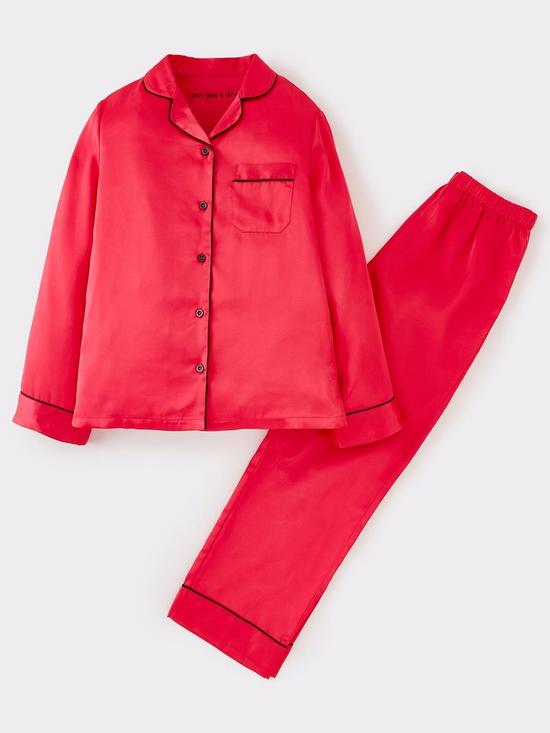 front image of v-by-very-girls-satin-long-sleeve-pyjamas-red