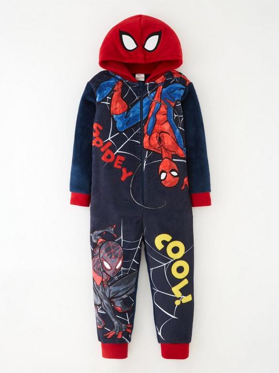 front image of spiderman-hood-detail-fleece-all-in-one-navy