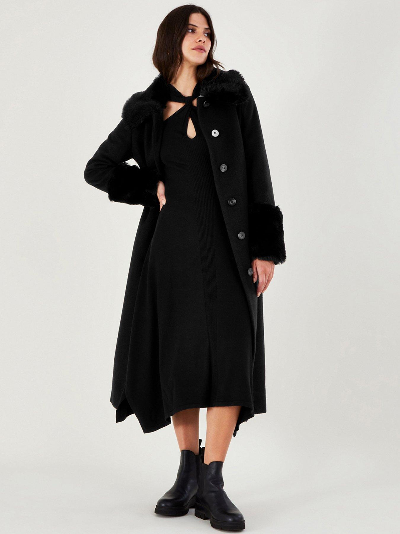 Faux fur trim belted coat sale