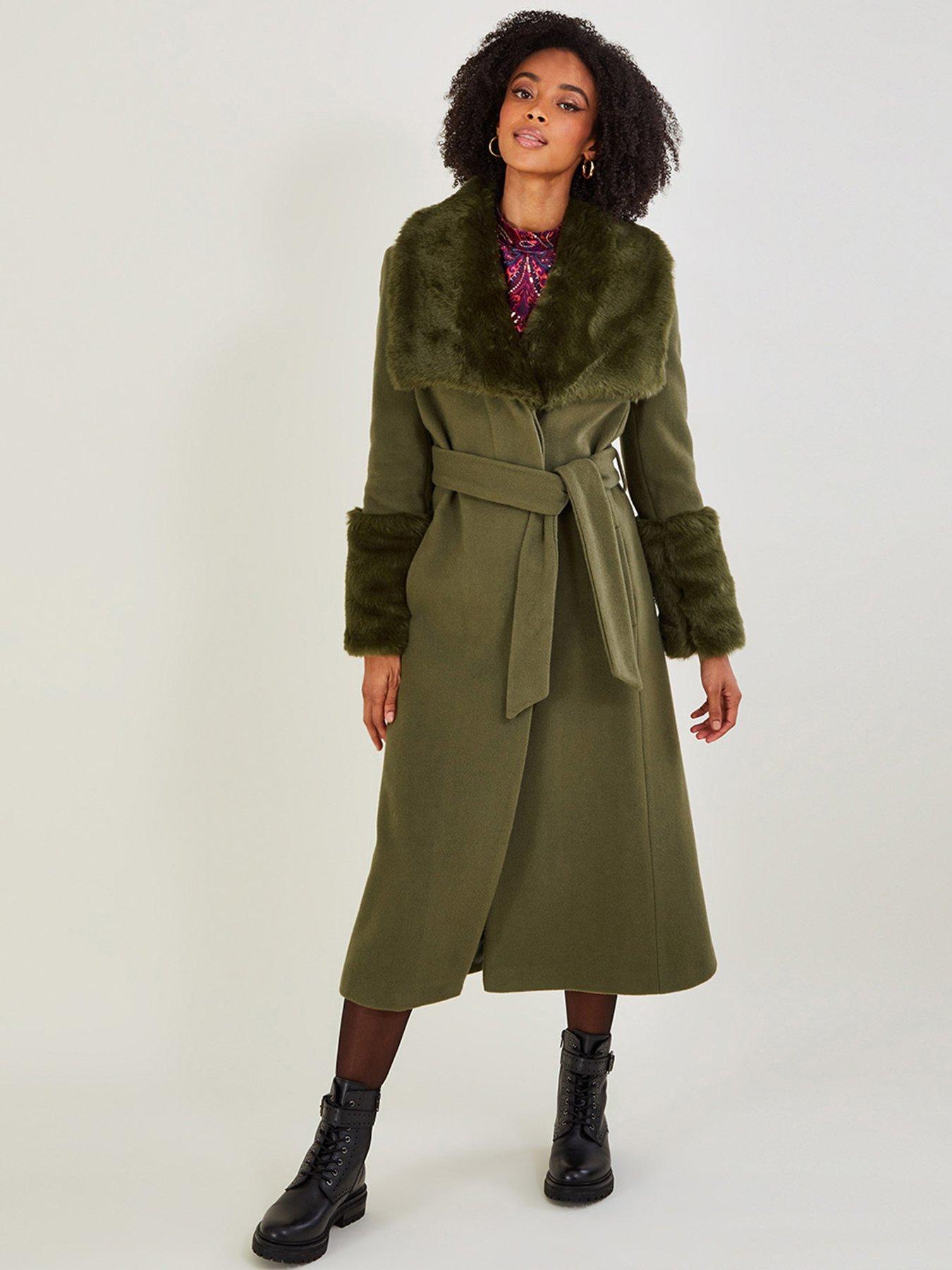 Faux fur shop collar belted coat