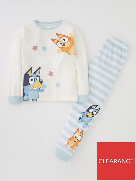 front image of bluey-kids-bluey-and-bingo-stripe-long-sleeve-pyjamas-off-white