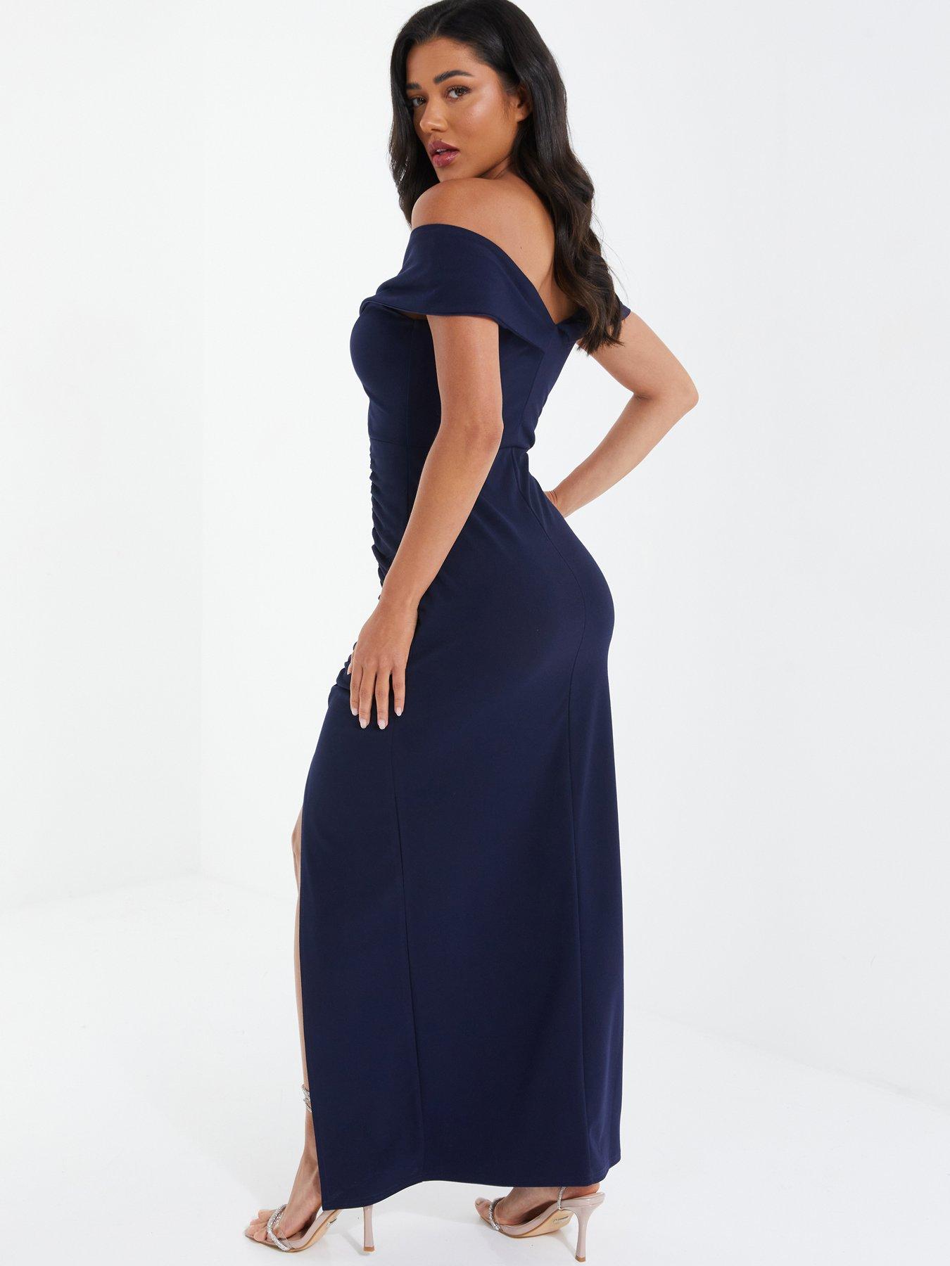 Ruched Bardot Maxi Dress - Dark Blue