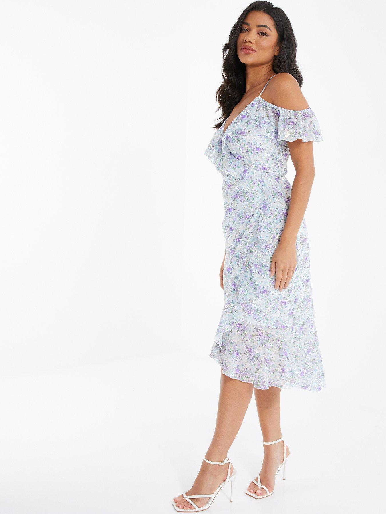 Quiz Floral Cold Shoulder Wrap Midi Dress | Very.co.uk