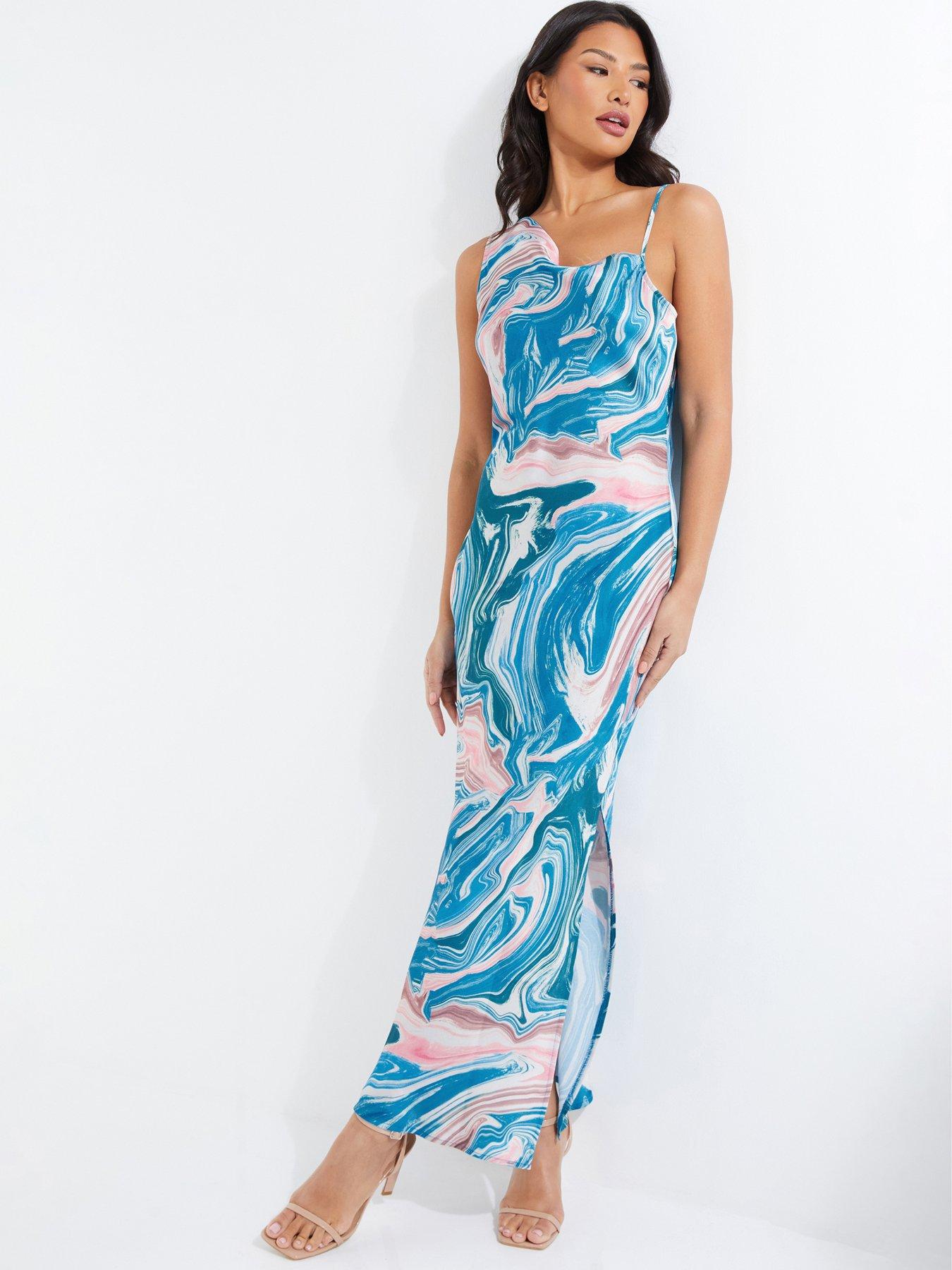 open lace back dress Multi Marble Print One Shoulder Knot Skirt Satin Midi Dress  AX Paris US