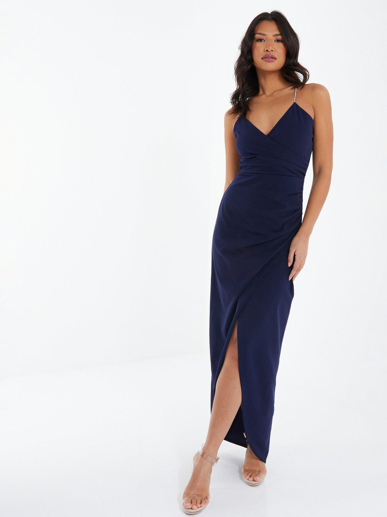 Quiz Diamante Wrap Maxi Dress Dark Blue