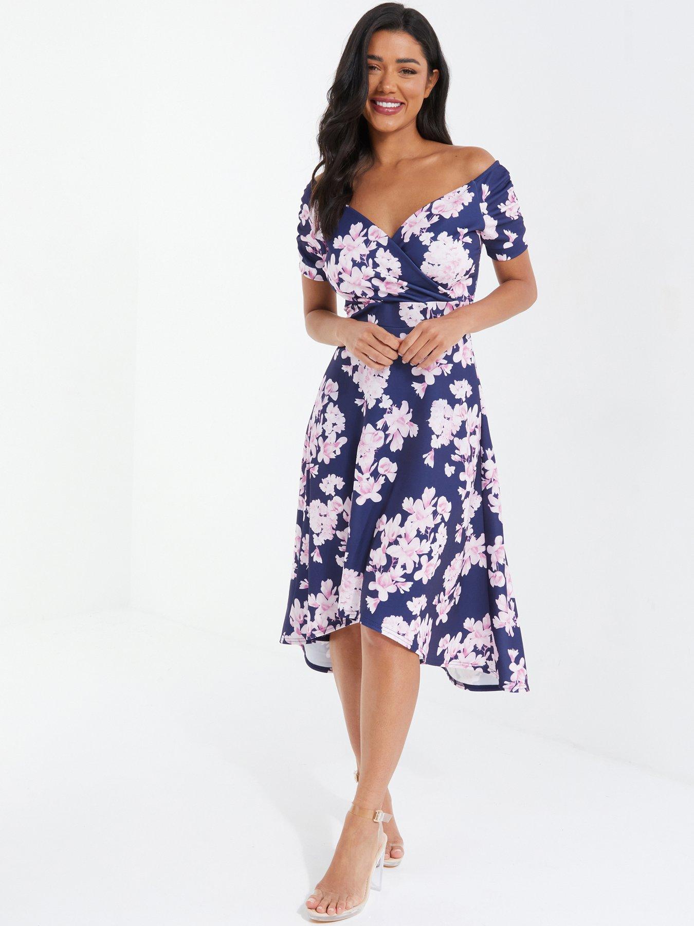 Floral Bardot Dip Hem Midi Dress