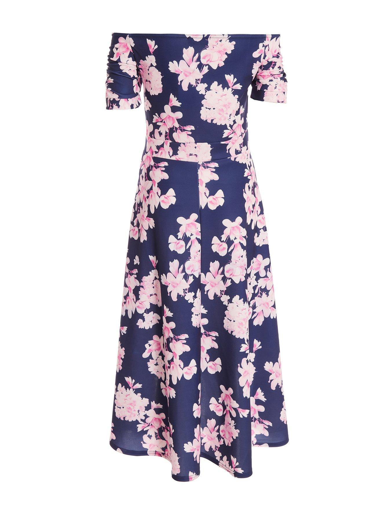 Quiz Floral Bardot Dip Hem Midi Dress Uk