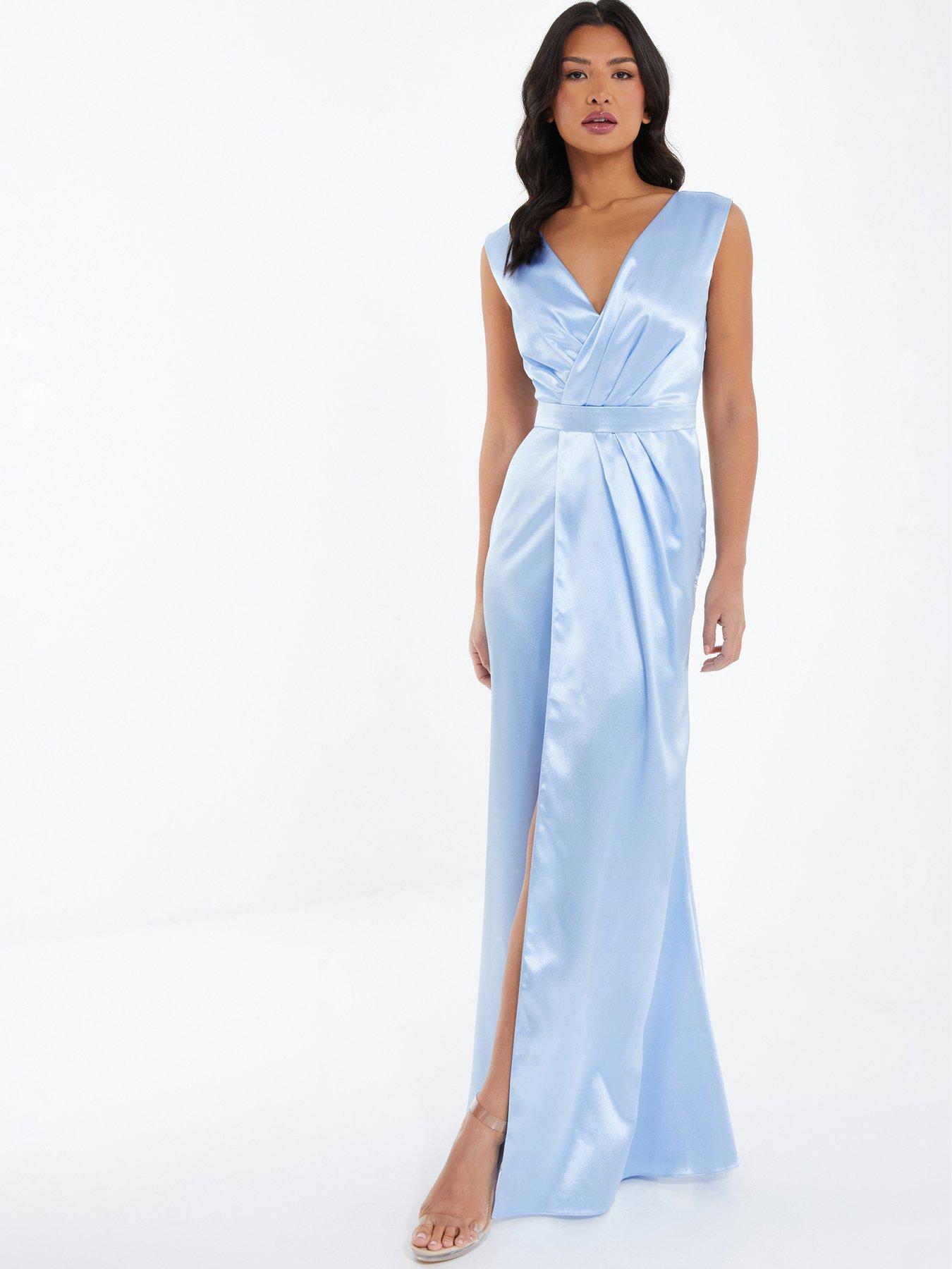 Quiz Satin Wrap Split Leg Maxi Dress Light Blue