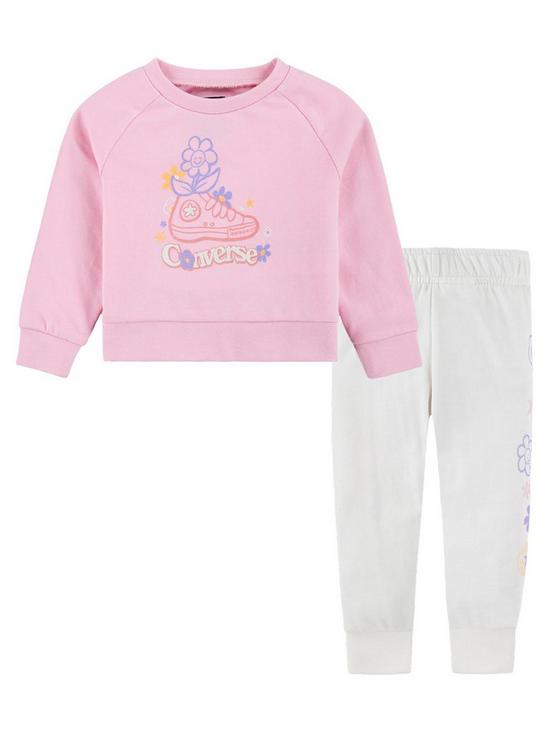 front image of converse-infant-girls-floral-graphic-crew-sweat-amp-pant-set
