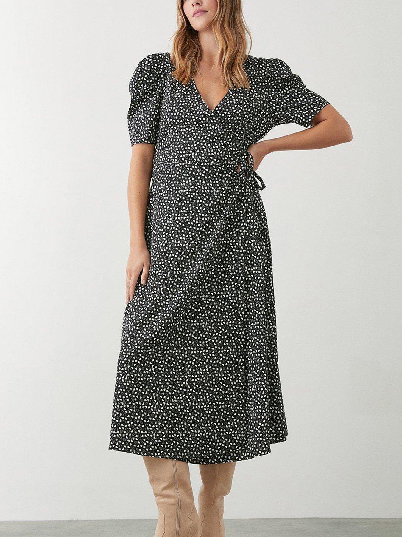 Dorothy Perkins Heart Print Puff Sleeve Wrap Midi Dress Monogram Very