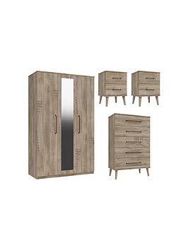 Product photograph of One Call Tuscany Part Assembled 3 Piece Package - 3 Door Mirrored Wardrobe 5 Drawer Chest And 2 Bedside Chests from very.co.uk