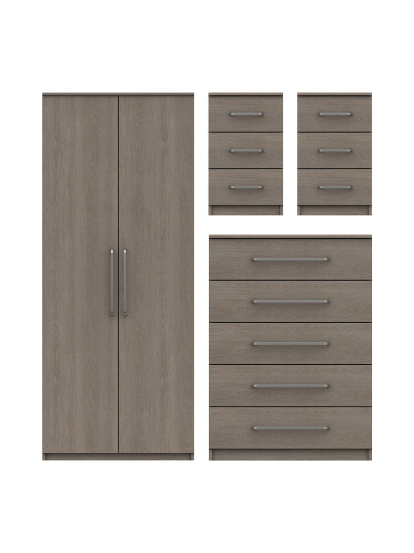 One Call Reagon Ready Assembled 4 Piece Package - 2 Door Wardrobe, 5 Drawer Chest and 2 Bedside Chests