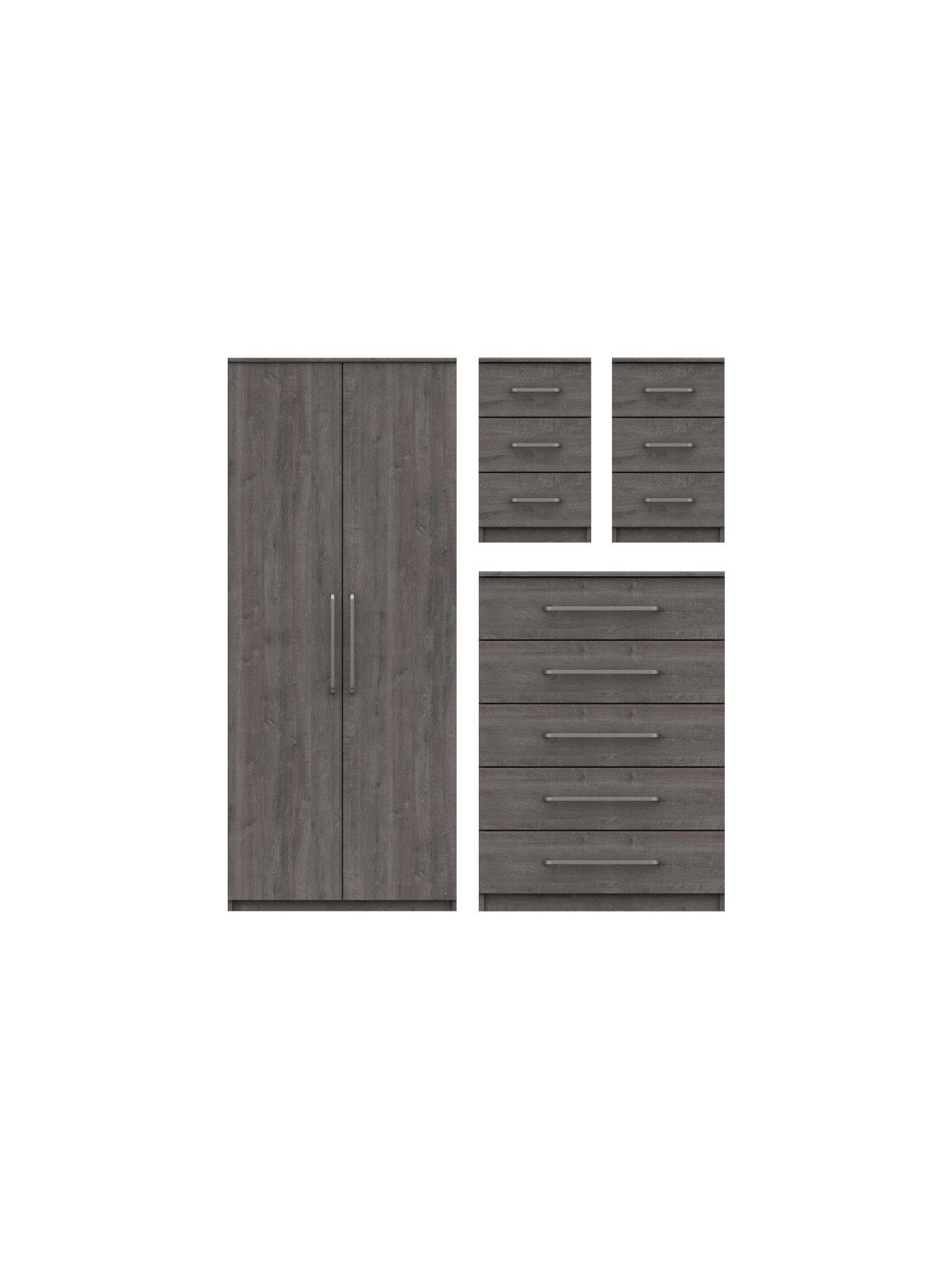 Image of One Call Reagon Ready Assembled 4 Piece Package - 2 Door Wardrobe, 5 Drawer Chest and 2 Bedside Chests