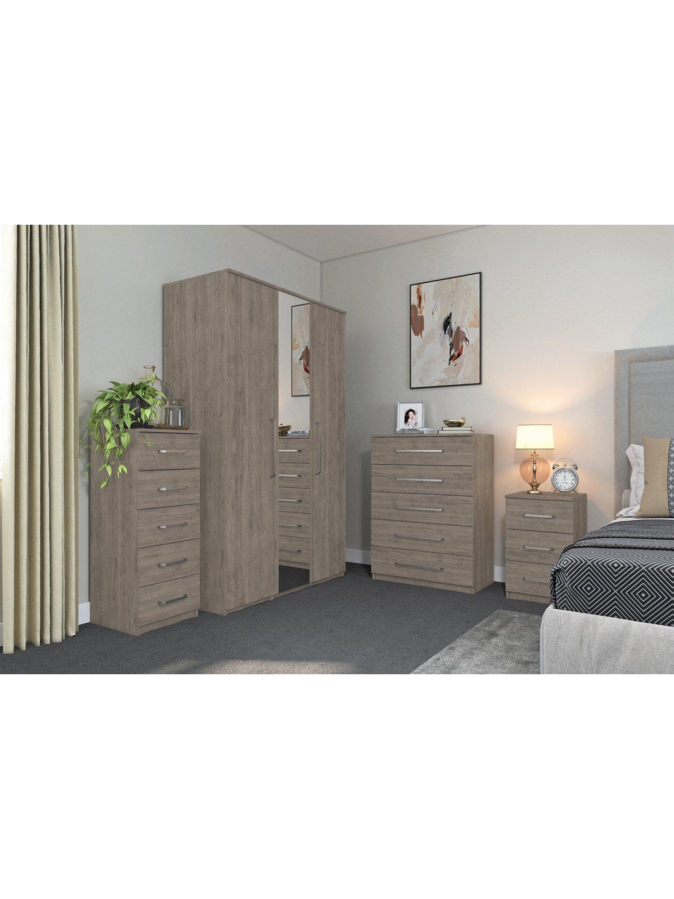 One Call Reagon Part Assembled 3 Piece Package - 3 Door Mirrored Wardrobe, 5 Drawer Chest and 2 Bedside Chests