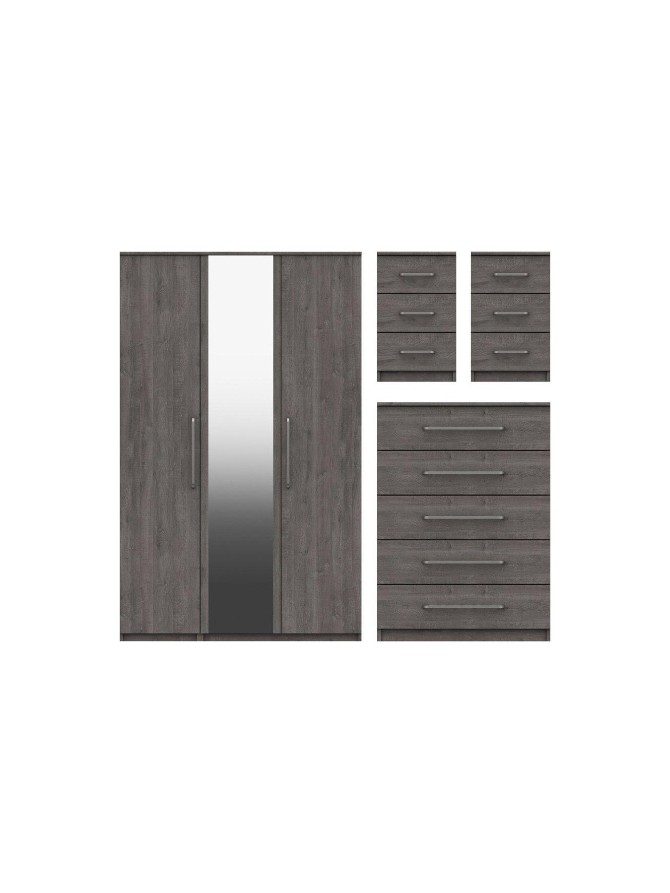 One Call Reagon Part Assembled 3 Piece Package - 3 Door Mirrored Wardrobe, 5 Drawer Chest and 2 Bedside Chests