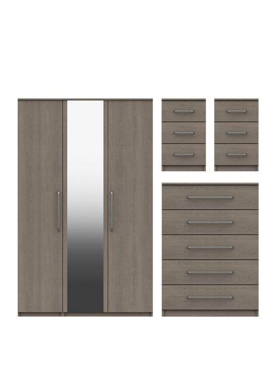 stillFront image of one-call-reagon-part-assembled-3-piece-package-3-door-mirrored-wardrobe-5-drawer-chest-and-2-bedside-chests