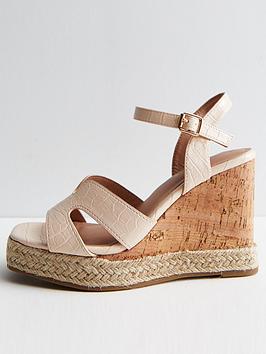 new look off white faux croc espadrille trim wedge heel sandals